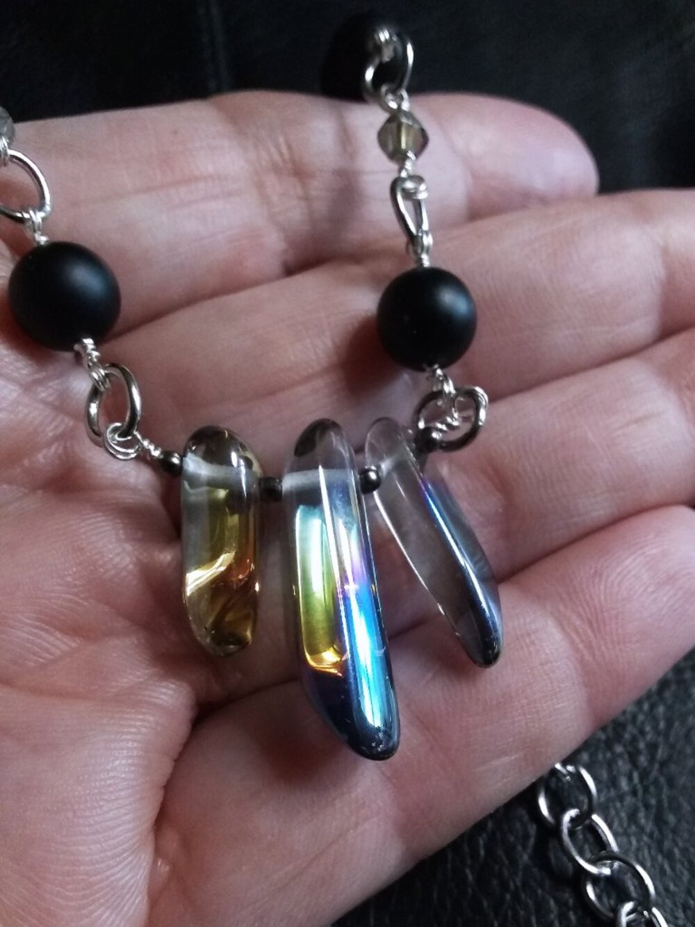Handmade! Electroplated Quartz + Black Stone Beads - Adjust. Necklace app. 22" - Picture 11 of 12